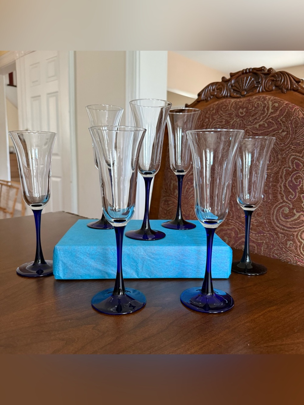 Vintage Luminarc France Cobalt Blue Stem Champagne Flutes - Set of 6 + 1 Spare
